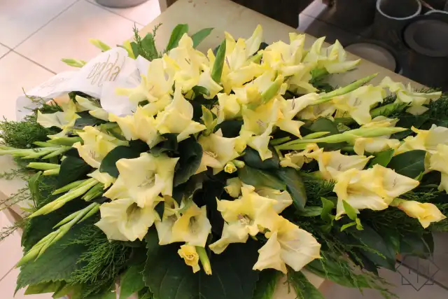 Klasszikus kialakítású sírcsokor krém színű Kardvirággal (Gladiolus), örök zöldekkel és vízutánpótlással növényeknek. A búcsú személyesebbé tehető, ha kegyeleti csokorba kéred elhunyt kedvenc virágait.
